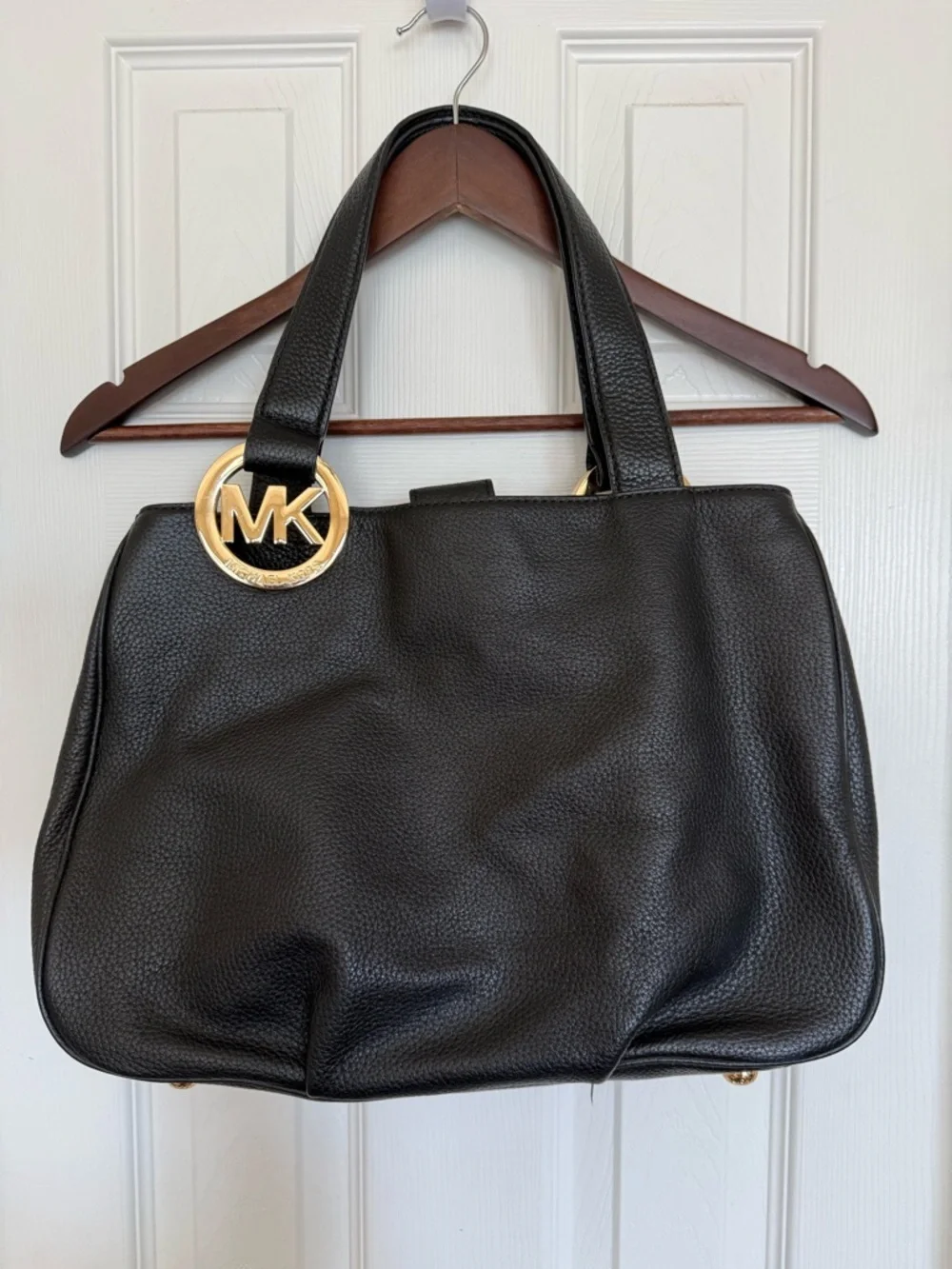 Michael Kors Black Leather Tote with Gold MK Logo Charm